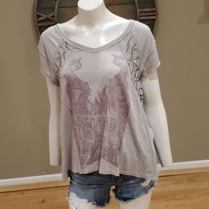Free People distressed linen blend embellished top